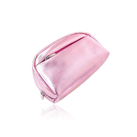 Side profile of the pink metallic cosmetic bag highlighting its shape.