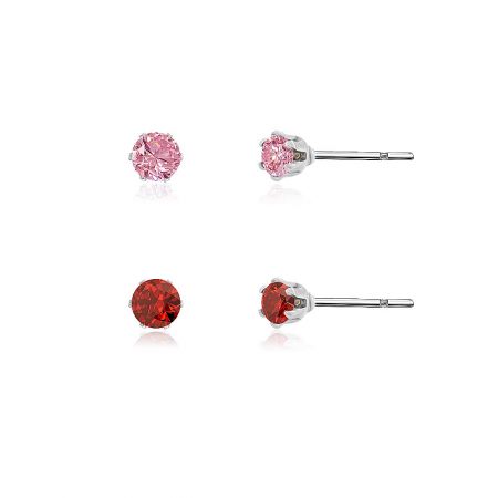 Close-up of two pairs of 3mm cubic zirconia stud earrings, one pair pink and the other red, with secure post backings.