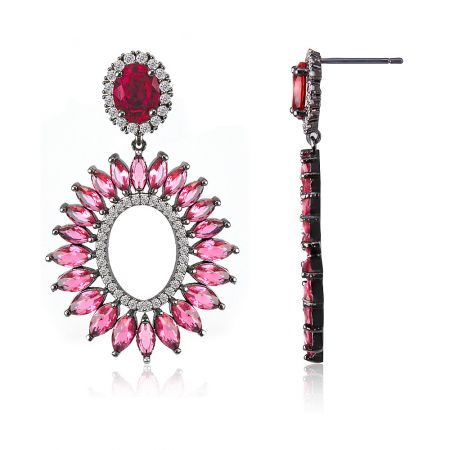 Front and side profile of the Red Radiant CZ Earring, highlighting the sunburst pattern and post-back closure.