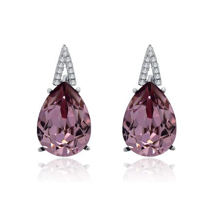 S925 Vintage Pierced Purple Earring with Swarovski Crystal - Close-up of S925 vintage pierced purple earrings featuring large pink teardrop Swarovski crystals with diamond-studded triangular tops, set in rhodium-plated sterling silver.