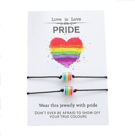 Handmade Rainbow Bead LGBT Adjustable Bracelet - A pair of handmade adjustable pride bracelets with rainbow beads on a presentation card that reads 'Love is Love'.
