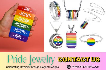 Pride Jewelry Collection - A collection of Pride-themed jewelry including rainbow-colored rings, necklaces, and bracelets, symbolizing love, equality, and self-expression.