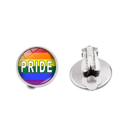 Rainbow LGBT Pride Clip Earrings - A close-up of the Rainbow LGBT Pride Clip Earrings, model LGBT-015, showcasing the vibrant rainbow enamel on silver-plated stainless steel with a clip-on back.