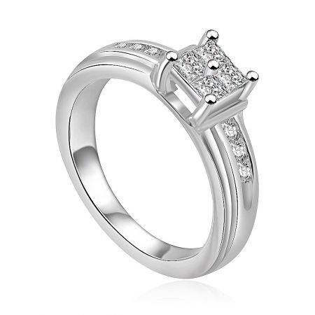Angled view of the cubic zirconia engagement ring, highlighting the princess-cut center stone and the embedded side stones on the polished silver band.