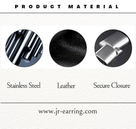 Close-up showing the high-quality materials: stainless steel, genuine leather, and a secure closure.