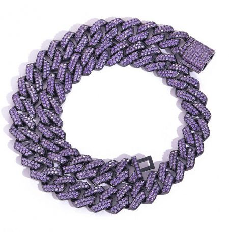 Close-up of the purple cubic zirconia encrusted Cuban link bracelet.