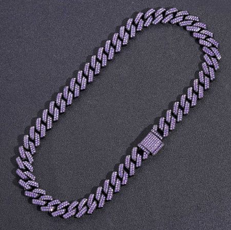 Showcase of the brilliant purple cubic zirconia stones on the custom Cuban link chain.