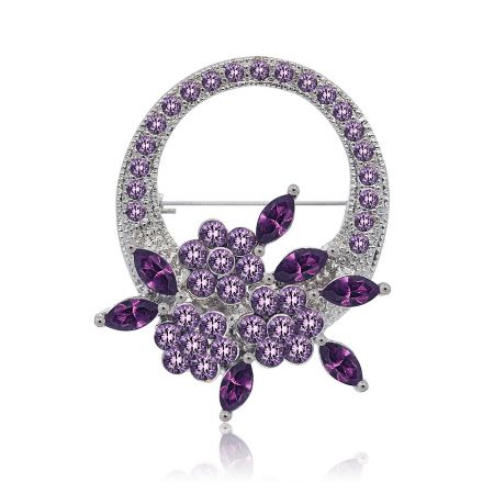 Vintage Purple Amethyst Flower Brooch - Front view of the Vintage Purple Amethyst Flower Brooch, showcasing its intricate floral design with marquise and round Czech crystals in various shades of purple.