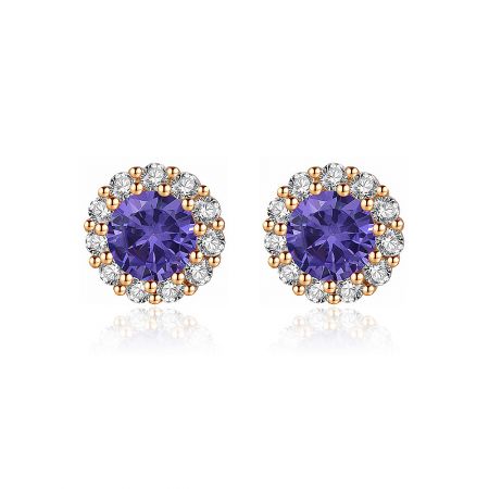 Rose Gold Amethyst Stud Earring with Cubic Zirconia - A close-up of the Rose Gold Amethyst Stud Earrings, showcasing the central purple cubic zirconia surrounded by a halo of clear white CZ stones.