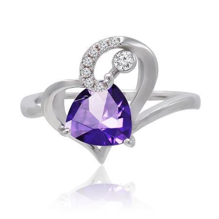 Heart Connect Ring - The Heart Connect Ring featuring a central purple teardrop cubic zirconia stone set within an interwoven silver heart design, accented with smaller white stones.