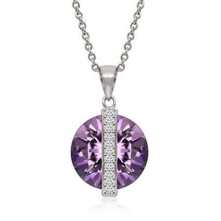 Side angle of the purple gemstone pendant, showing the intricate silver setting and craftsmanship.