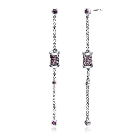 Close-up of the purple gemstone silver dangling earrings, highlighting the multi-component design with charms on the dangling chain.