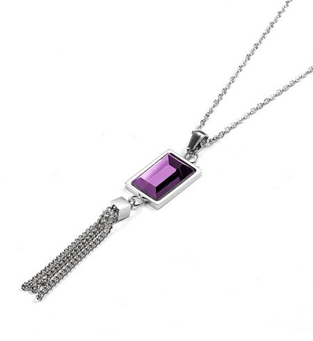 Close-up of the silver necklace with a rectangular purple gemstone pendant and tassel detail.