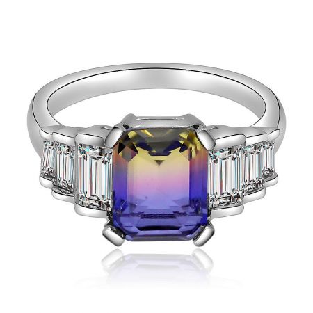 Rainbow Cushion Princess Ring with Cubic Zirconia - Front view of the Rainbow Cushion Princess Ring, featuring a large rectangular-cut gradient gemstone and a silver band adorned with clear cubic zirconia.