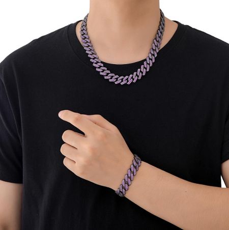 Custom purple and silver Cuban link chain and bracelet set.