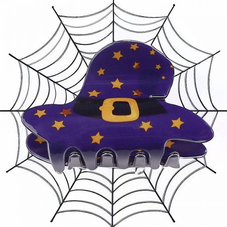 A purple witch hat hair clip, a perfect Halloween costume accessory.