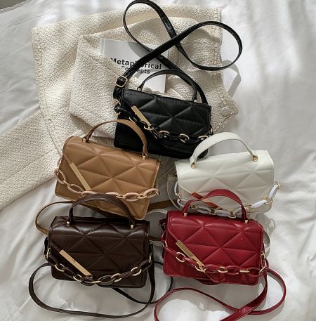 Collection of quilted PU leather handbags available in six different colors.