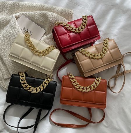 A collection of Elegant Designer Crystal Chain Handbags available in multiple colors.