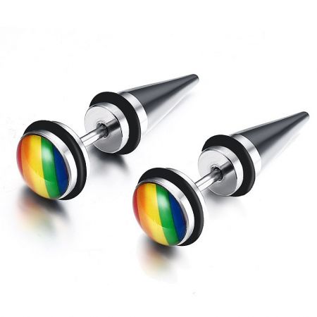 Rainbow LGBT Pride Spike Stud Earrings - A pair of stainless steel Rainbow LGBT Pride Spike Stud Earrings with vibrant, multi-colored enamel balls, shown against a white background.