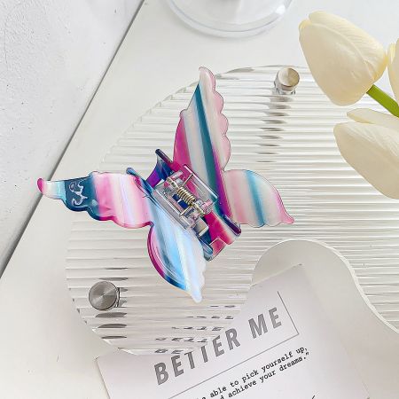 A single butterfly hair clip featuring a vibrant rainbow stripe pattern.