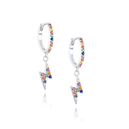A pair of 925 sterling silver lightning bolt hoop earrings with rainbow-colored cubic zirconia stones, showcasing the silver plating option.