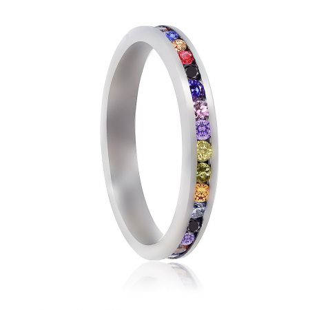 Side view of the rainbow gemstone eternity ring, highlighting the vibrant colors of the cubic zirconia.