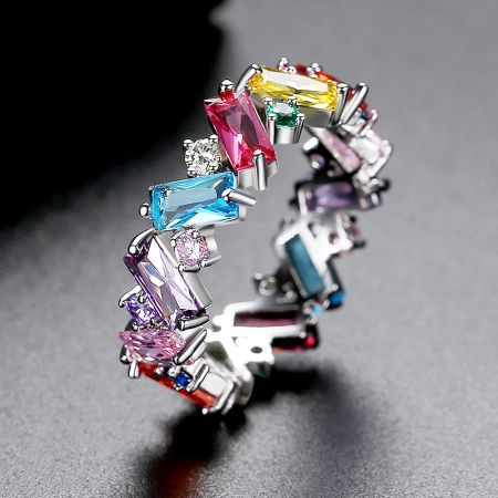 The ZigZag Baguette Ring in rhodium plating with vibrant rainbow cubic zirconia.