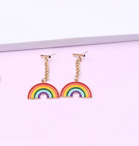 Rainbow LGBT Pride Dangle Earrings - A pair of gold-plated Rainbow LGBT Pride Dangle Earrings with colorful enamel, style LGBT-014, on a white background.