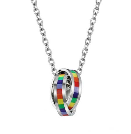 Stainless steel necklace with interlocking rings pendant featuring a rainbow enamel design.