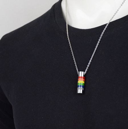 Side view of the rainbow cylinder pendant necklace, highlighting its sleek design.