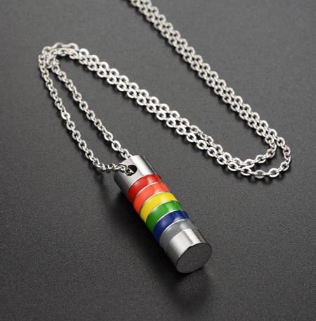 Another angle of the LGBT Pride Rainbow Cylinder Necklace, showcasing the craftsmanship and lobster clasp.