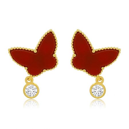Röd fjäril med CZ-dropphängande piercing - Ett par röda fjärilshängeörhängen med droppdesign, som visar den livliga röda emaljen, guldfärgad mässingskant och glittrande kubisk zirkonia-drops.