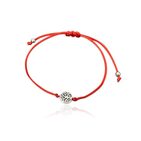 A detailed close-up of the silver Tree of Life charm on the adjustable red cord.
