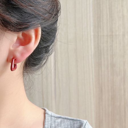 14k Gold Plated Red Enamel Triangle C-Shape Stud Earrings (5 Pairs) - Close-up of a 14k gold plated C-shape stud earring with a vibrant red enamel finish.