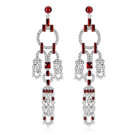 Wholesale Price Vintage Extra Long Zirconia Earrings - A pair of vintage-style extra long zirconia earrings (JRE-039) made of rhodium-plated silver metal, featuring an intricate Art Deco design with brilliant red and clear cubic zirconia gemstones.