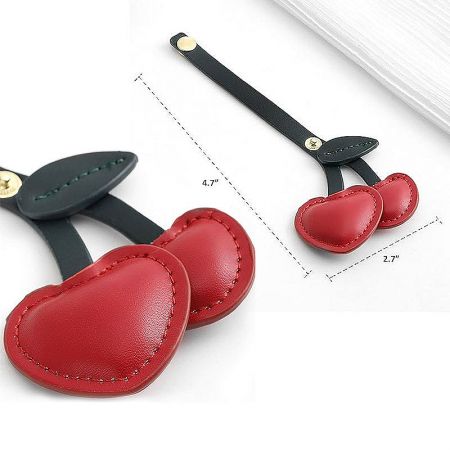 The red cherry PU leather charm shown with detailed measurements.