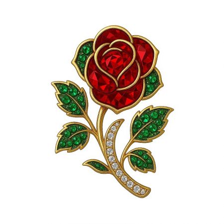 Custom Rose Brooch with Crystal Rhinestones - A detailed view of a custom rose brooch by JR Fashion Accessories, featuring red gemstones and green leaf accents in a gold-plated setting.