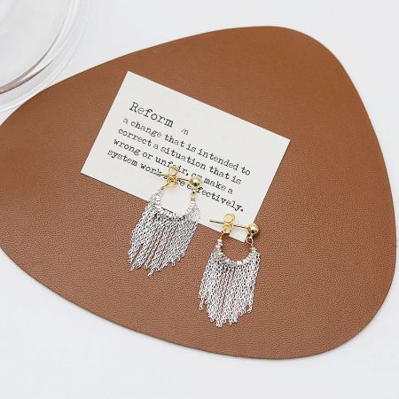 Product shot of the tassel earrings with a definition card, perfect for retail display.