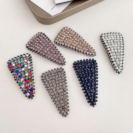 Crystal Triangle BB Hairpin & Side Barrette Snap Clips for Girls (5 pcs) - A vibrant collection of six crystal triangle BB hairpins in assorted colors, including pink, blue, and champagne, showcasing their sparkling rhinestone embellishments.