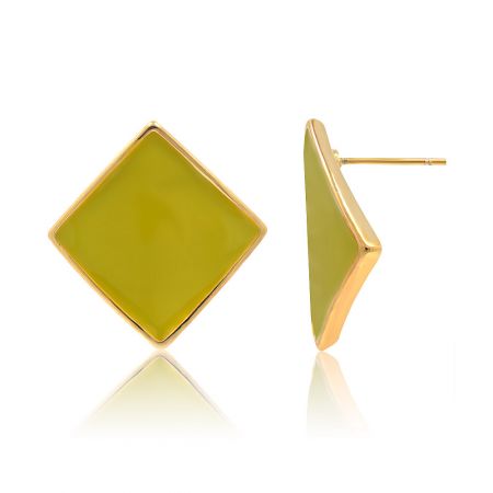 Side and front view of the rhombus-shaped gold earrings, showing the post closure.