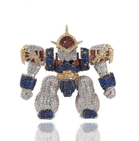 Custom Robot Hip Hop Necklace - A detailed custom robot hip hop necklace pendant, intricately crafted with precious metals and sparkling gemstones, showcasing expert jewelry manufacturing.