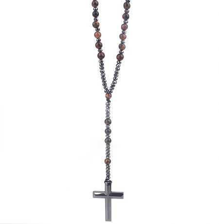 A beautiful rosary necklace with warm brown beads and a detailed silver cross, available for custom orders.