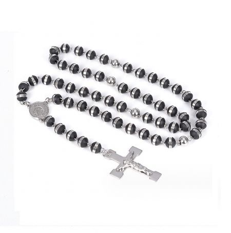 Beaded Cross Long Necklace For Man - Beaded Cross Long Necklace For Man, featuring a silver crucifix rosary with black beads and silver accents.
