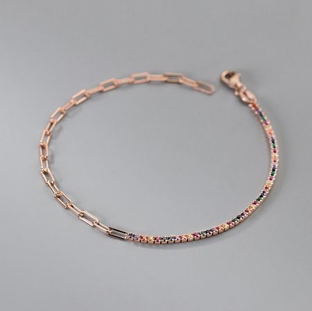 925 Sterling Silver Multi CZ Paper Clip Chain Bracelet - A close-up of the 925 Sterling Silver Multi CZ Paper Clip Chain Bracelet in a rose gold finish, showcasing the intricate paper clip links and vibrant, multi-colored cubic zirconia stones.