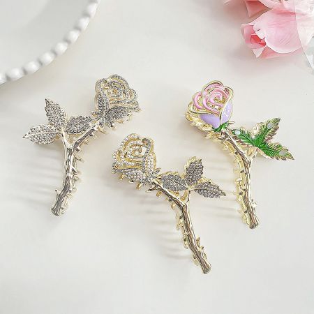 Elegant Metal Alloy Rose Flower Hair Claw Clips (5 pcs) - A set of three elegant rose flower hair claw clips in various metallic finishes, showcasing their intricate floral design.