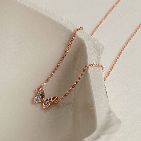 Sterling Silver Rose Gold Zirconia Butterfly Necklace (Set of 5) - A delicate rose gold 925 sterling silver necklace featuring a butterfly pendant set with vibrant, multicolored zirconia stones, on a clean white background.