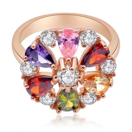 Full Rounded Multicolor Zirconia Ring - A close-up of the Full Rounded Multicolor Zirconia Ring, showcasing a butterfly-like pattern of pear-shaped gemstones in various colors including purple, pink, and green, set in a polished rose gold band.