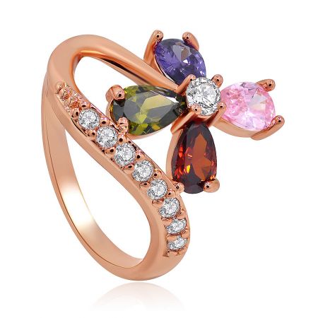 Side view of the rose gold ring highlighting the wave design and colorful gemstones.