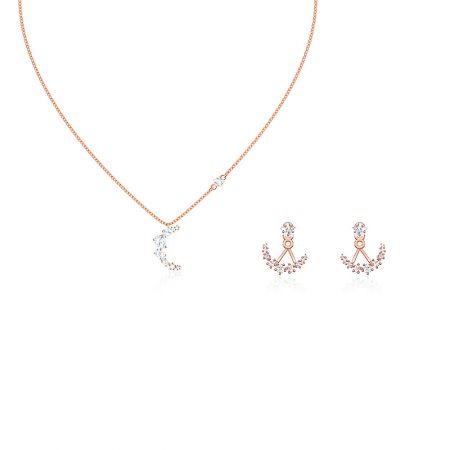 Crystal Moon Star Pierced Earring Jackets and Necklace Set - Rose gold Crystal Moon Star jewelry set with crescent-shaped pendants and clear cubic zirconia gemstones.