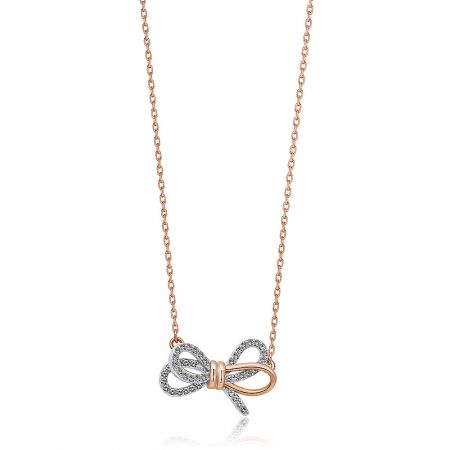 Tied Ribbon Bow Necklace - Close-up of the Tied Ribbon Bow Necklace, showcasing the rose gold and rhodium plated bow pendant encrusted with clear cubic zirconia.